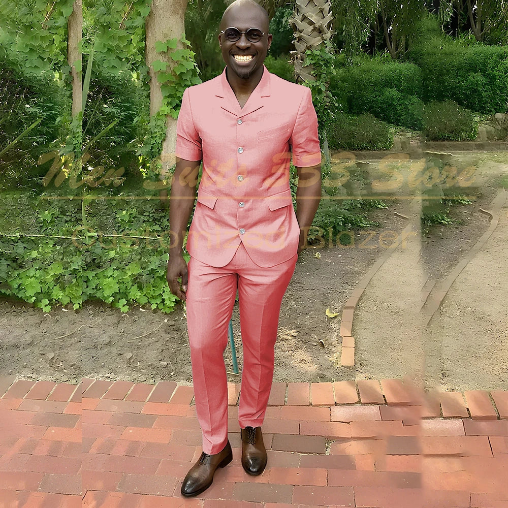 Fashion Summer Short Sleeve Men's Suits Outfits High Quality Single Breasted Notch Lapel Slim Fit 2 Piece Jacket Pants Blazer
