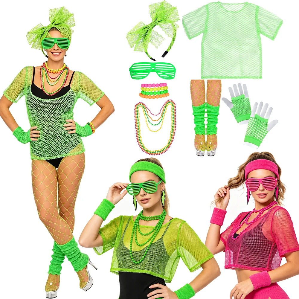 Disco Accessory Set 80S Fashion Accessories Fishnet Top Earrings Necklace Glasses Carnival Party Christmas Halloween Accessories