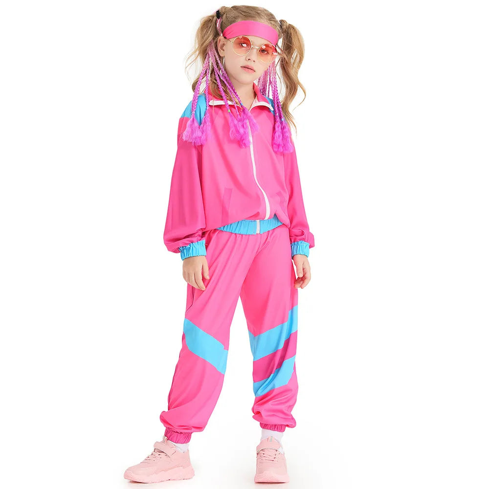 Kids 80s 90s Retro Tracksuit Color Block Street Style Jacket+Pants Set Boys Girls Hip Hop Disco Party Costume Streetwear Outfit