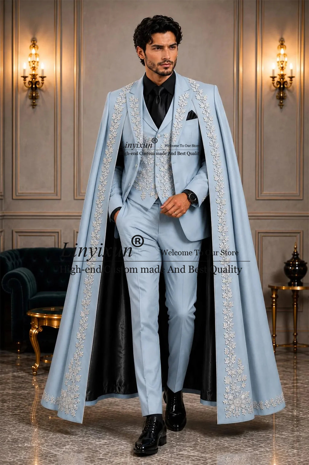 Fashion Long Coat Pants Design Men Suits 3 Pieces Sets Groom Male Party Blazer Customized Wedding Tuxedo Embroidered Ropa Hombre
