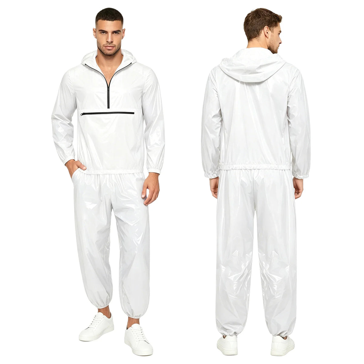 Men Waterproof Outfit Raincoat Windbreaker Sauna Suit Jacket Tops with Pants for Hip Hop Dance Sports Cycling Simmwear Clubwear