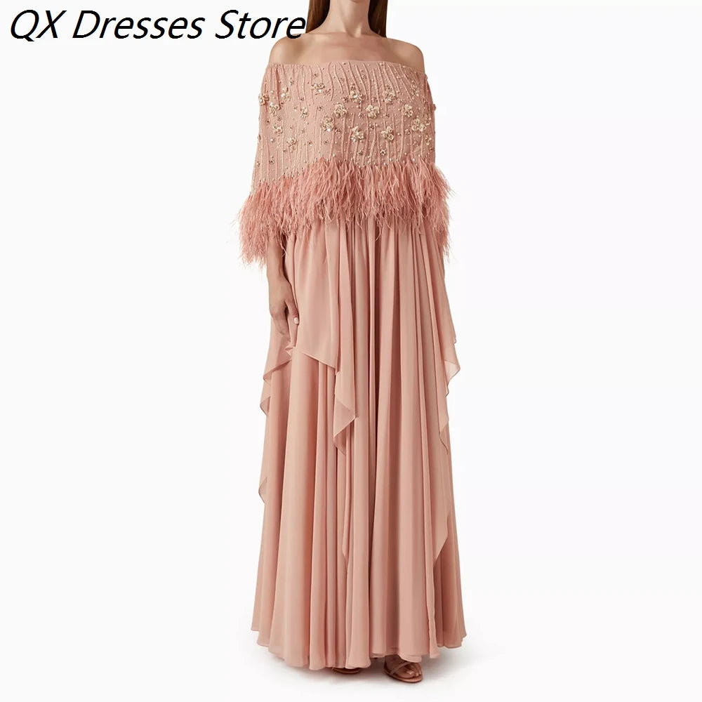 Women's A-line Evening Dresses Floor-length Off The Shoulder Sleeveless Prom Dresses Fashion Flowers Feathers Customized Gowns
