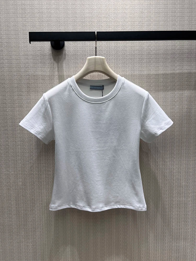 Summer Fashion White Color Spaghetti Short Style Casual T-Shirts Women's Solid Color O-Neck Short Sleeve Slim Tops