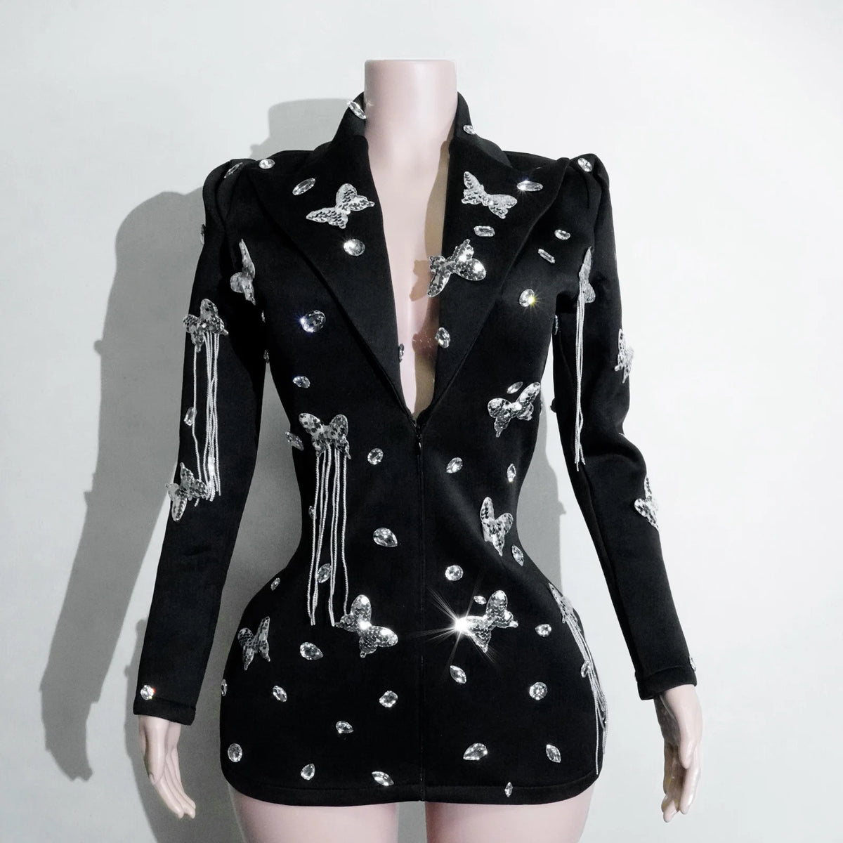 Fashion Black Suit Mirror Dress Women Long Sleeve Birthday Party Prom Stage Dance Performance Outfits Club Drag Queen Costume