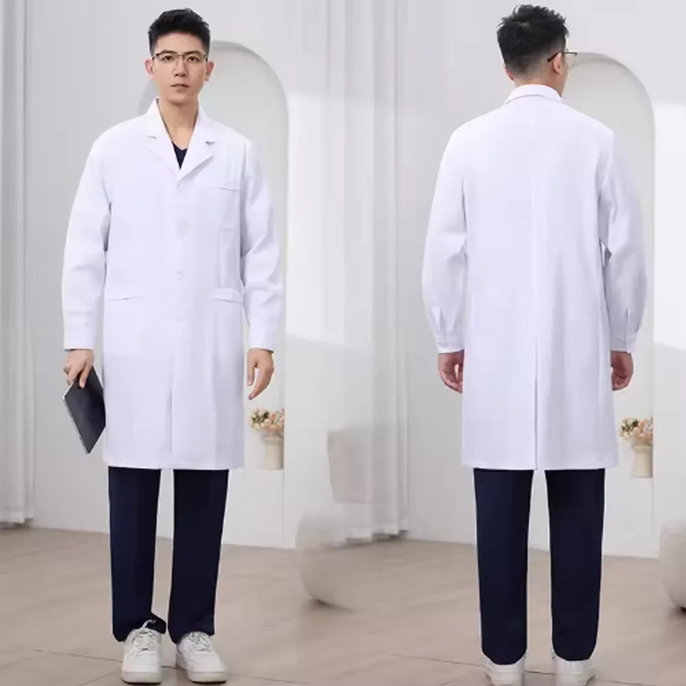 Men WorkwearHospital Clinical Pharmacist Uniform Long Sleeve White Lab Coat Lapel Collar Button Medical Doctor Blouse Wholesale