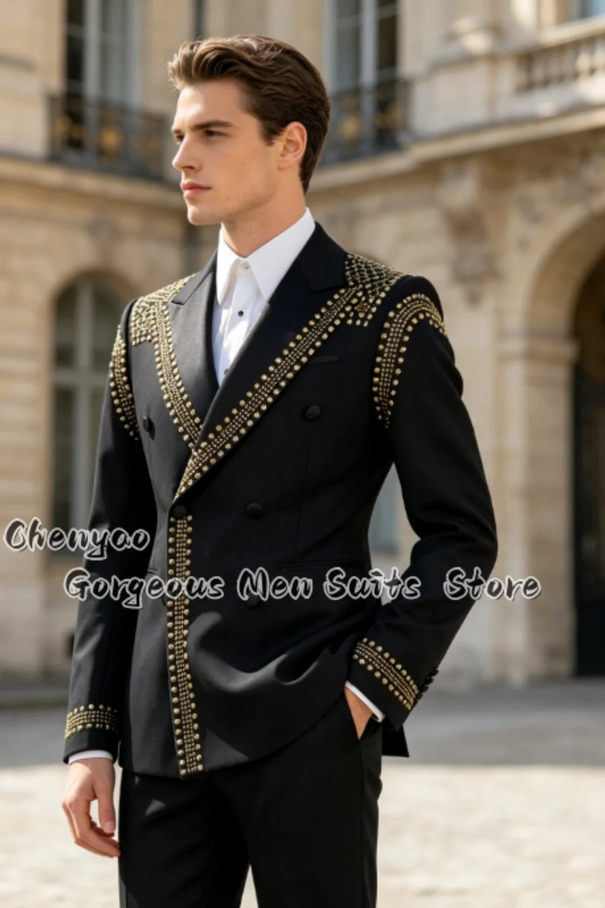 Fashion Handmade Gold Beading Men Suits Tuxedo Double‑Breasted Blazer Pants Set Groom Wedding Performance Attire 2 Pieces Custom