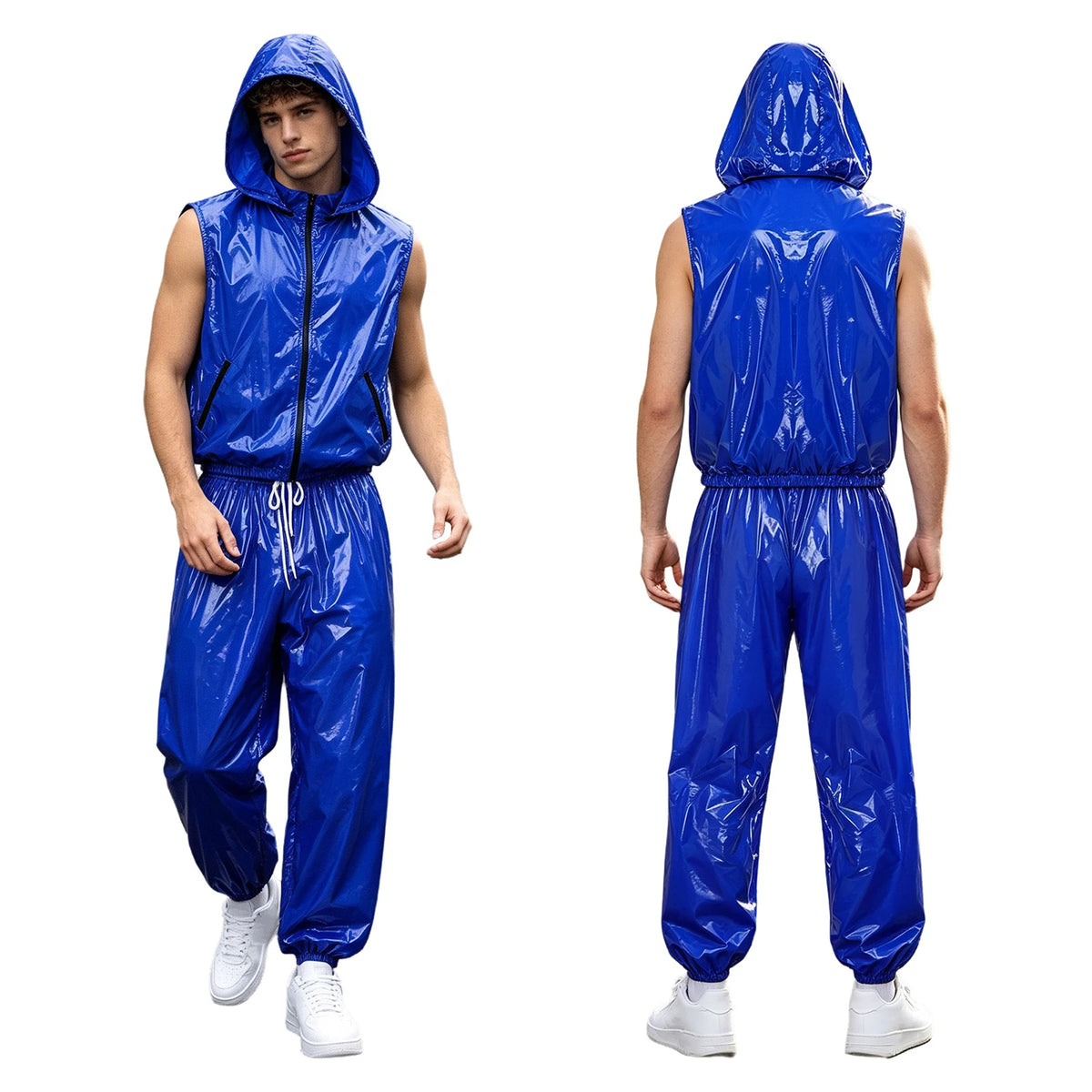 Men Waterproof Outfit Raincoat Windbreaker Sauna Suit Jacket Tops with Pants for Hip Hop Dance Sports Cycling Simmwear Clubwear