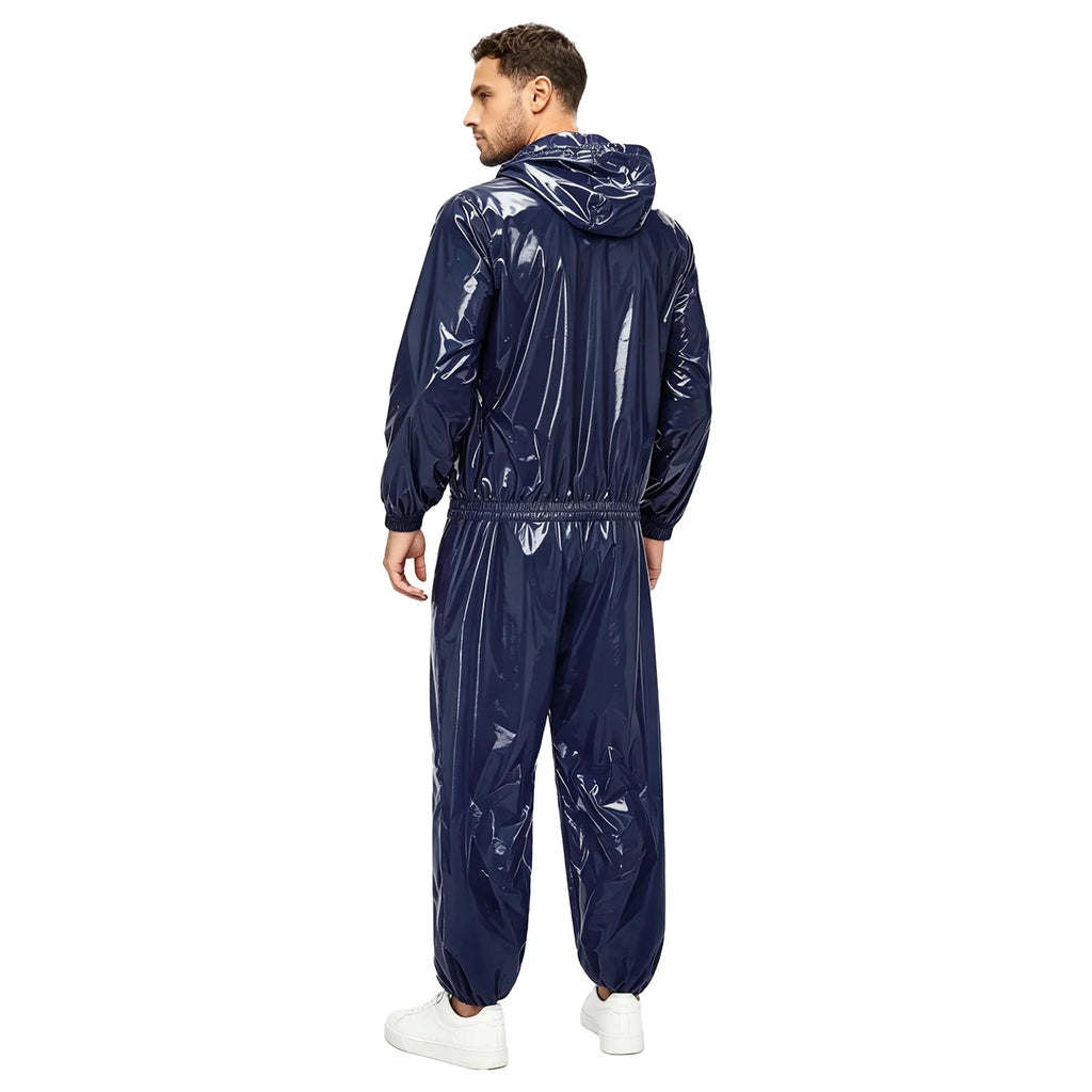 Men Waterproof Outfit Raincoat Windbreaker Sauna Suit Jacket Tops with Pants for Hip Hop Dance Sports Cycling Simmwear Clubwear
