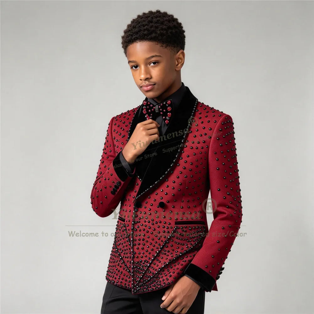 Luxury Boy's Suit For Wedding Black Stones Velvet Lapel Children Tuxedo Birthday Party Attire Customized 2 Piece Sets Kids Dress