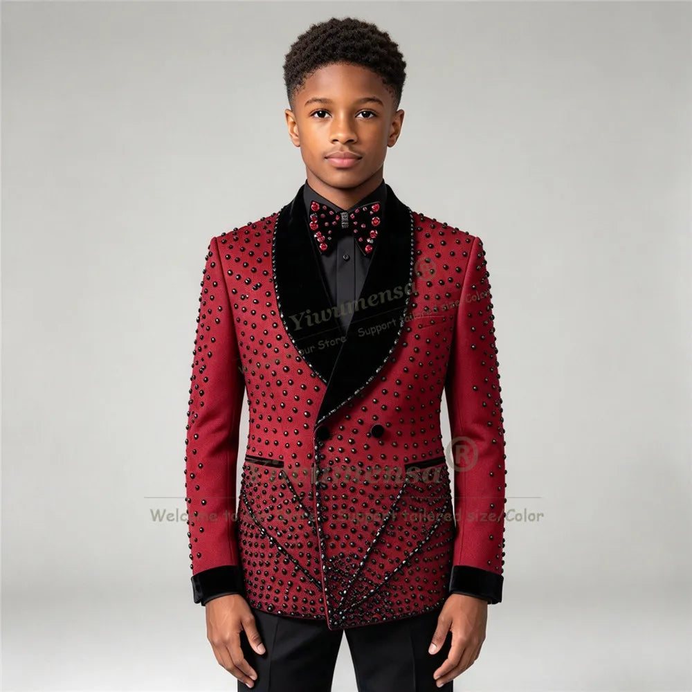 Luxury Boy's Suit For Wedding Black Stones Velvet Lapel Children Tuxedo Birthday Party Attire Customized 2 Piece Sets Kids Dress