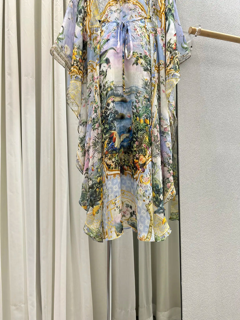 Floral Print Blue Robe for Women Heavy Beaded V-Neck Lace-up High Waist Batwing Sleeve Holiday Style Long Dress