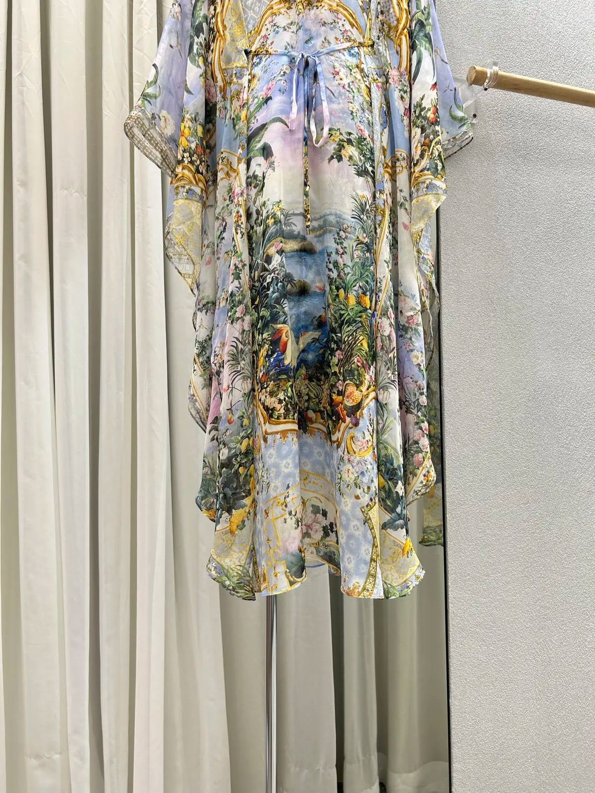 Floral Print Blue Robe for Women Heavy Beaded V-Neck Lace-up High Waist Batwing Sleeve Holiday Style Long Dress