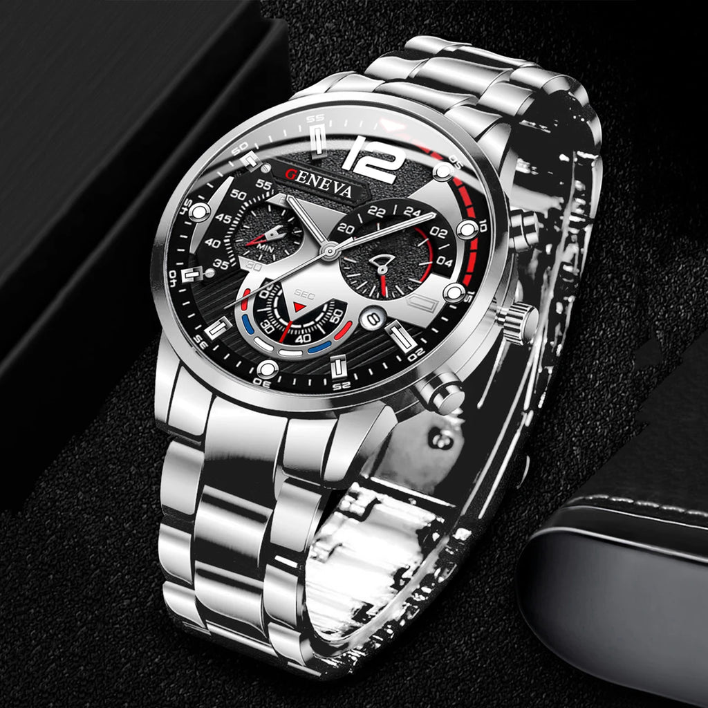Fashion Men's Watches Stainless Steel Band Analog Quartz Wristwatch with Calendar