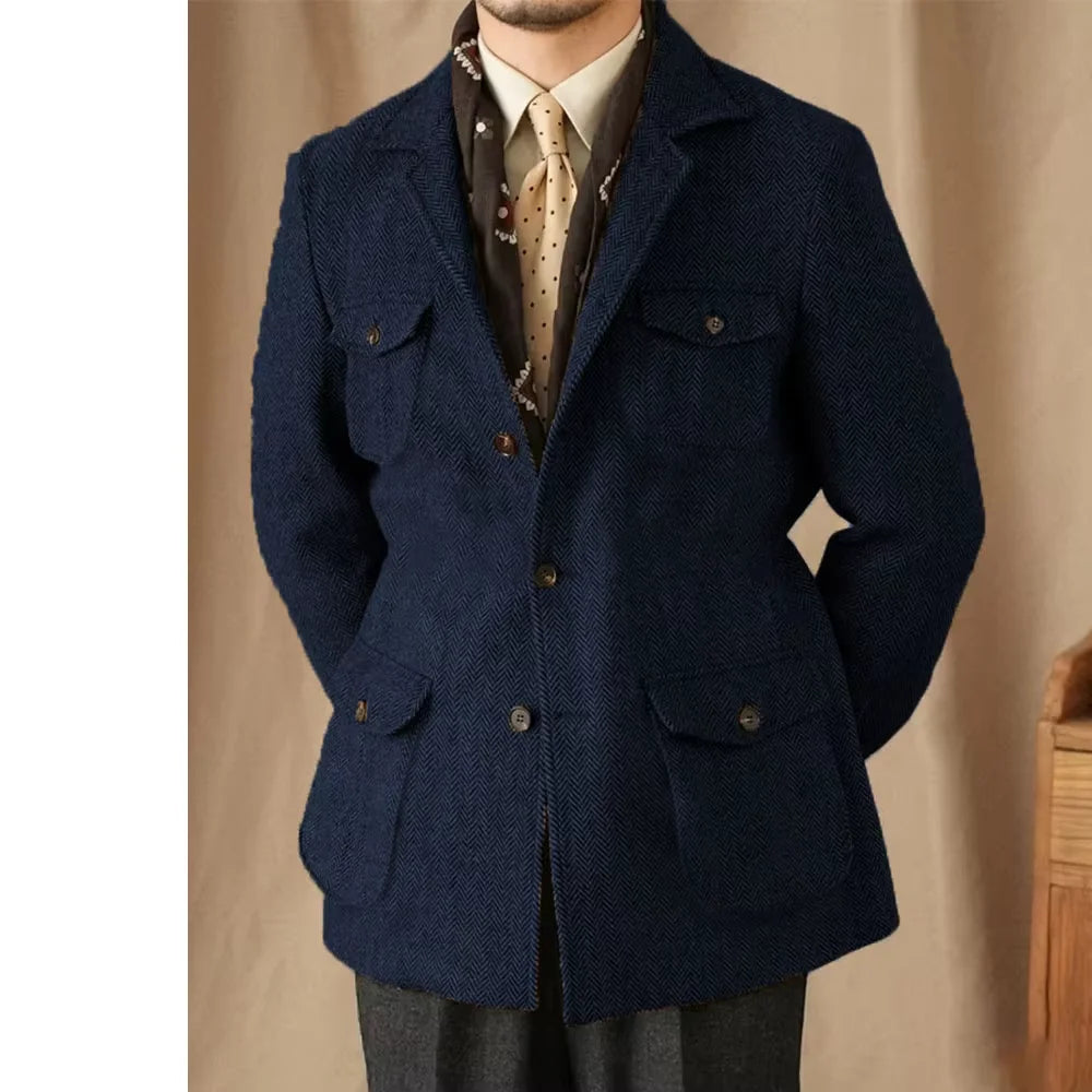 Men's Suits Vintage Herringbone Tweed Blazer British Wool Blend Double Breasted Lightweight Casual Sport Coat Formal Jacket