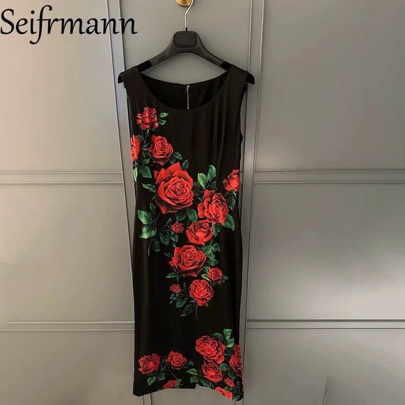 Seifrmann Casual printed silk vest dress round neck sleeveless waist mid-length dress 2026 autumn women's new style