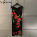 Seifrmann Casual printed silk vest dress round neck sleeveless waist mid-length dress 2026 autumn women's new style