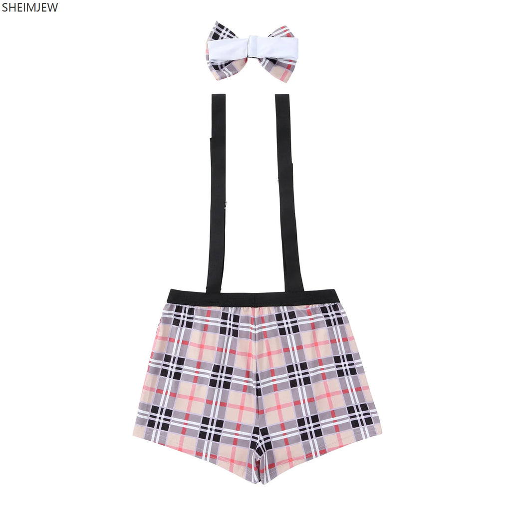 Men's Bar Nightclub Sexy Waiter Uniform Adult Underwear Bow Plaid Suspenders Party Cosplay Costume Halloween Suspenders 2026