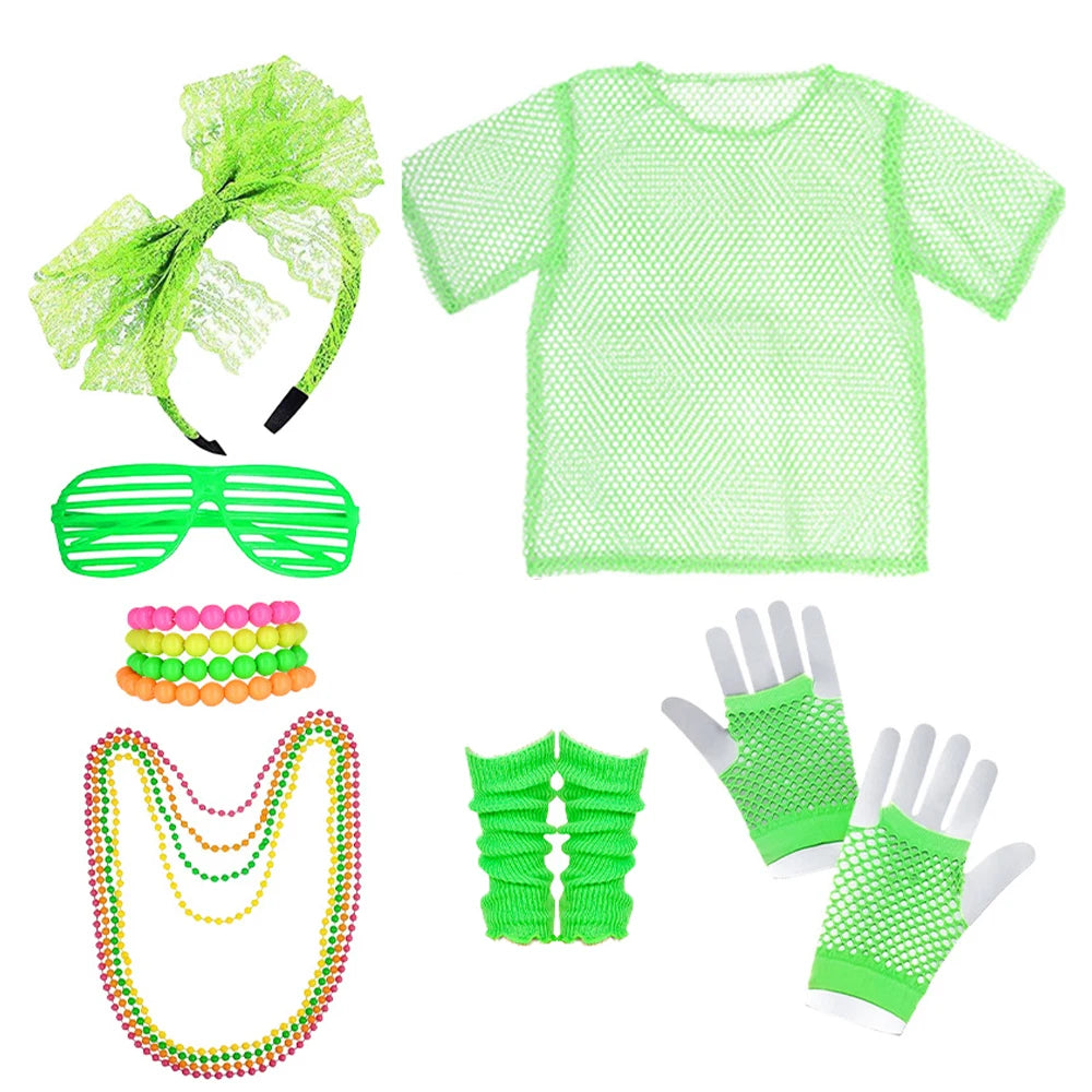 Disco Accessory Set 80S Fashion Accessories Fishnet Top Earrings Necklace Glasses Carnival Party Christmas Halloween Accessories